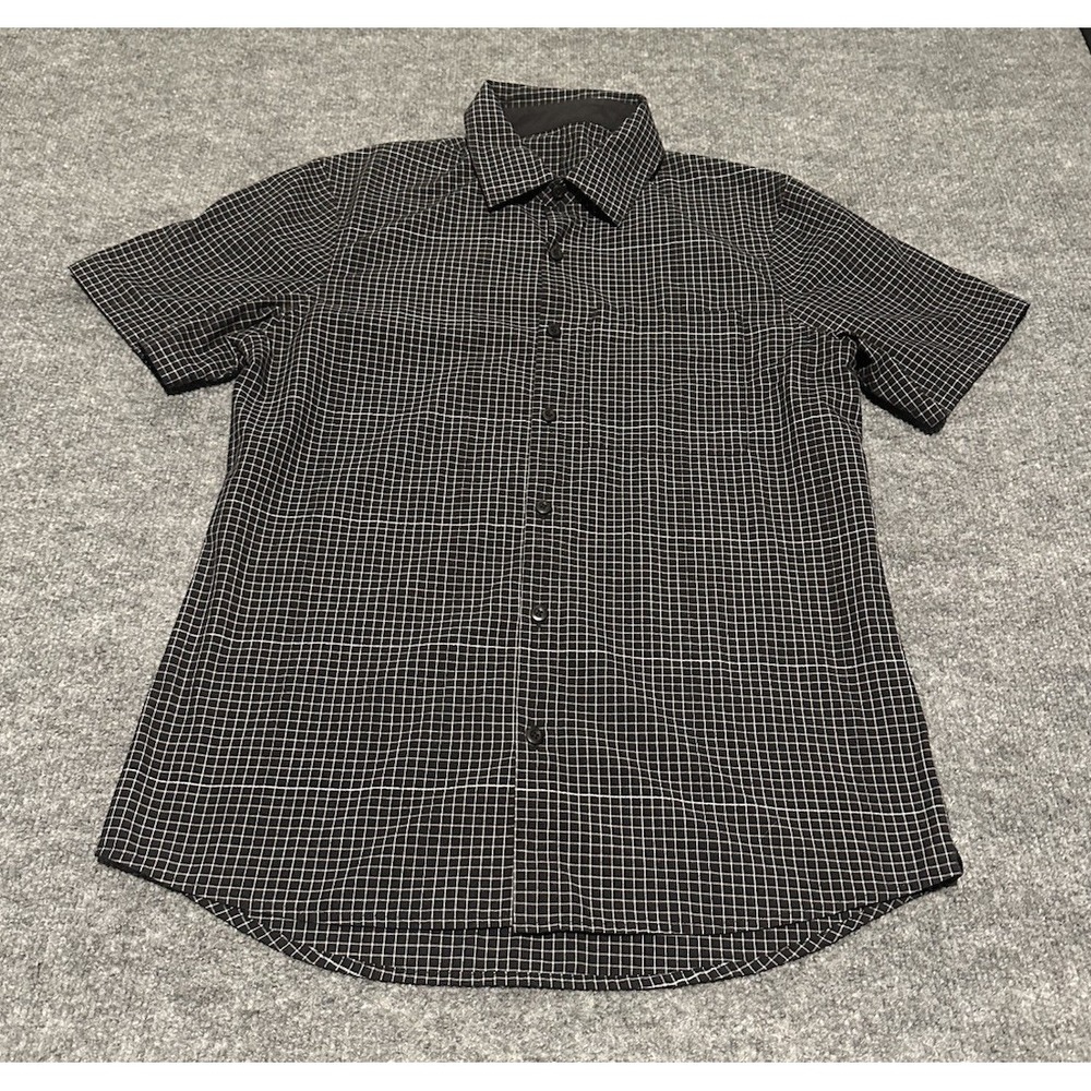 Lululemon Men's M Black Window Pane Plaid SS Button Shirt Live In Practice EUC